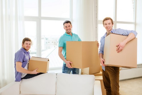 Packed office furniture and equipment ready for relocation