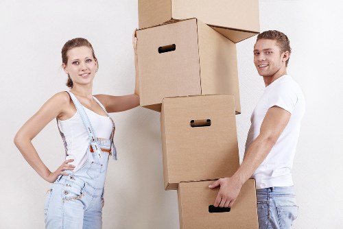 Packed moving boxes prepared for transport