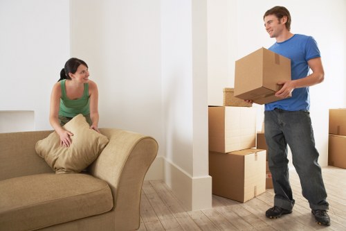 Packed household boxes ready for transport during a Chelsea move