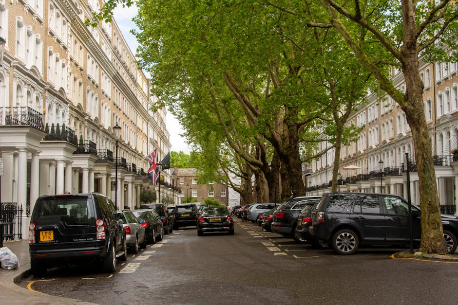 A street scene in Chelsea with white Victorian-style terraced townhouses featuring black wrought-iron balconies and decorative columns, lining both sides of the street. Several cars, including a black van with a visible UK license plate, are parked along the curb on the street and pavement, which is slightly wet. Large, leafy green trees with dense foliage stretch across the width of the road, creating a canopy over the street and casting shade. The scene appears to be during daytime with natural light illuminating the area, and some buildings display flags, including the Union Jack, on their facades. The environment suggests an urban residential setting suitable for home relocation or furniture transport, with a focus on parking and access considerations for moving services, as exemplified by Chelsea Removals' expertise in removals in the SW3 area.